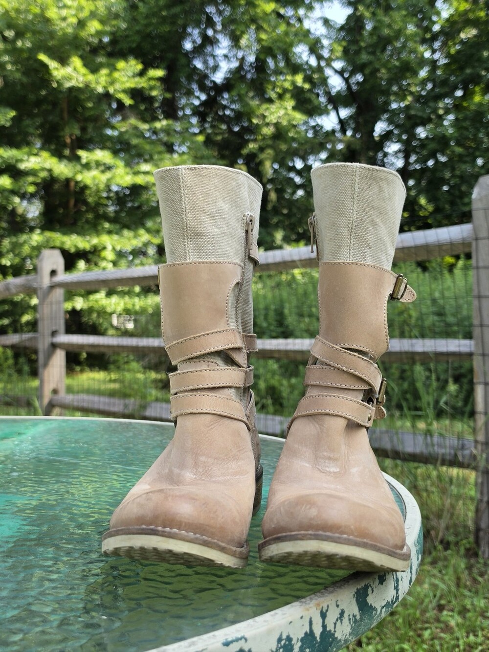 Sundance  Sz 7. Women’s Tan Leather Strap And Canvas Mid-Calf Boots.